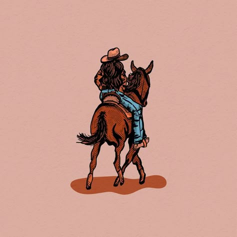 Textured Illustration of Cowgirl on her horse with colors that remind you of a desert sunset. Cowgirl Aesthetic Background, Cowgirl Profile Picture, Country Cartoon Aesthetic, Cowgirl Riding Horse Tattoo, Widgets Country, Cowgirl Art Aesthetic, Cowgirl Widgets, Cowgirl Color Palette, Coastal Cowgirl Aesthetic Wallpaper