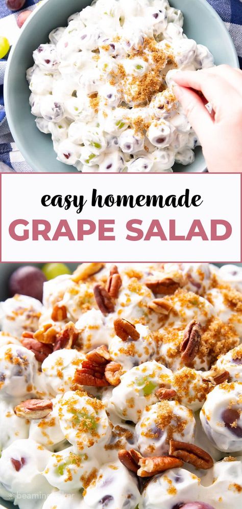 My favorite grape salad: sweet, creamy vanilla cream cheese dressing coats tart green grapes and sweet red grapes, topped with sparkling brown sugar and crunchy pecans. A delicious dessert salad recipe that tastes like fruit-filled cheesecake! | Recipe at BeamingBaker.com Grape Salad With Marshmallow Cream, Leftover Grapes Recipe, Desserts With Grapes, Grape Recipes Dessert, Grape Salad With Brown Sugar, Grape Salad With Cream Cheese, Grape Desserts, Grape Dessert Recipes, Cream Cheese Fruit Salad