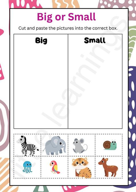 Big And Small Animals Worksheet, Big And Small Animals Activities, Big Or Small Activities, Preschool Big And Small Activities, Cut Paste Activities For Kids, Worksheet Animals For Kids, Big Small Activities, Big And Small Worksheets For Preschool, Big Or Small Worksheet