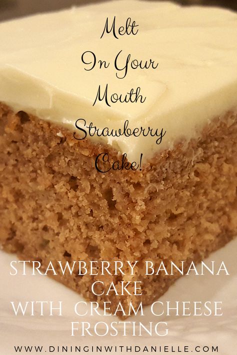 Strawberry Banana Cake made with Homemade Strawberry Puree and Ripe Bananas then Smothered in Creamy Butter Cream Cheese Frosting! This is a very MOIST cake with delicious berry and banana flavors married together, NO SEEDS or Whole Strawberries! The entire cake and frosting has a total of 1 1/2 Cups Cane Sugar! #dininginwithdanielle #chrisdoeswhat #strawberrycake #sheetcake #strawberrybananacake #bananacake #cake #creamcheesefrosting #baking #desserts #partyfood #moistcakes #bakingideas Strawberry Banana Cake, Strawberry Banana Cakes, Carrot Banana Cake, Banana Bread Cake, Butter Cream Cheese Frosting, Carrot Cream, Banana Cupcakes, Fabulous Cakes, Drink Inspiration