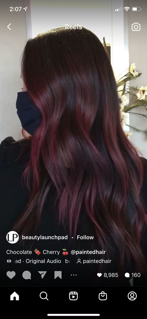 Dark Cherry Brown Hair, Hair Color Cherry Coke, Cherry Cola Hair Color, Raspberry Hair, Black Cherry Hair Color, Cherry Cola Hair, Black Cherry Hair, Red Balayage Hair, Cherry Hair Colors