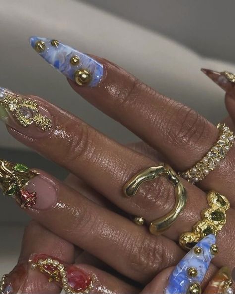 maximalist nail inspo #nails #nailinspo #maximalism #fashioninspo Maximalist Short Nails, Maximalist Nails Almond, Maximalism Nails, Cool Nails Acrylic, Nails Maximalist, Eclectic Nails, Piercing Nails, Maximalist Nails, Earthy Nails