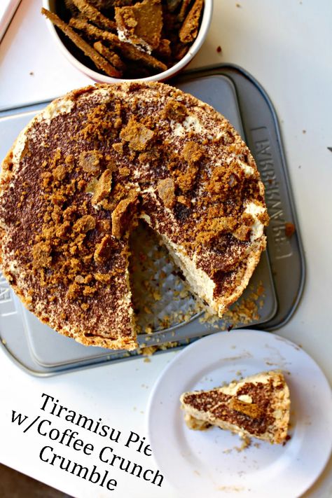 Deep-Dish Tiramisu Pie with Coffee Crunch Crumble - Wallflour Girl Tiramisu Pie, Decadent Pies, Coffee Crunch, Vegan Shortbread, Vegan Tiramisu, Crunch Cake, Tiramisu Recipe, Coffee Cookies, Crumble Recipe