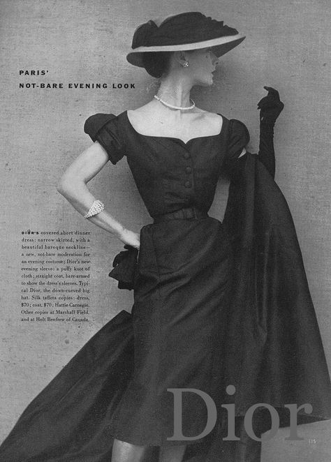 From Vogue, April 1951. Photo by Henry Clarke. Dior's short dinner dress, narrow- skirted and with a beautiful baroque neckline. Henry Clarke, Vogue Vintage, Vintage Fashion 1950s, Glamour Vintage, Vintage Suit, Mode Chanel, Dior Vintage, Fashion 1950s, Vintage Fashion Photography