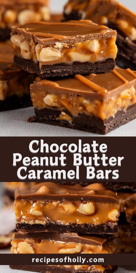 Chocolate Peanut Butter Caramel Bars Baking With Caramel Squares, Homemade Candy Bar Recipes, Fall Bar Recipes, Chocolate Fall Desserts, Mmm Cookies, Peanut Butter Caramel, Holiday Fudge, Butter Caramel, Chilled Desserts