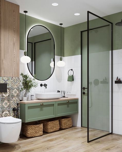 Family Shower Room Ideas, Green Interior Bathroom, White Green Wood Bathroom, Green Black Wood Bathroom, Green Aesthetic Bathroom Ideas, Small Shower Room Ideas Green, Bathroom Decor Wood Floor, Green Furniture Bathroom, Modern Bathroom Design Green