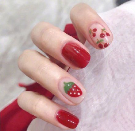 Kawaii Short Nails, Short Press Ons, Kawaii Fairycore, Cherry Strawberry, Brand Makeup, Natural Nail Designs, Short Fake Nails, Cherry Nails, Round Nails