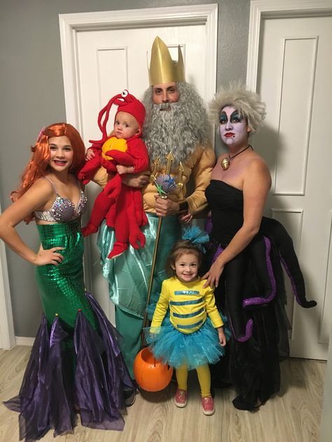 Diy Sebastian Costume Adult, Ariel Family Halloween Costumes, Ariel Little Mermaid Costume, Diy Ariel Costume Kids, Family Little Mermaid Halloween Costumes, Ariel And Sebastian Costume, Little Mermaid Costume Family, Ariel Family Costume, The Little Mermaid Family Costume