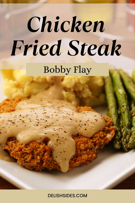 Bobby Flay Chicken Fried Steak Bobsredmill.com Recipes, Buttermilk Chicken Fried Steak, Chicken Fried Steak Buttermilk, The Cozy Cook Chicken Fried Steak, Kent Rollins Chicken Fried Steak, Top Round Steak Recipes, Bobby Flay Fried Chicken, Steak Breakfast, Chicken Fried Steak Recipe