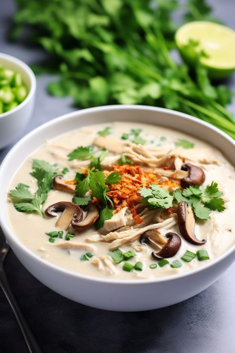 Keto Thai Coconut Chicken Soup (Tom Kha Gai) Keto Thai Recipes, Tom Kha Gai Soup, Coconut Chicken Soup, Thai Coconut Chicken Soup, Thai Coconut Chicken, Coconut Milk Uses, Thai Chicken Soup, Thai Coconut Soup, Tom Kha Gai