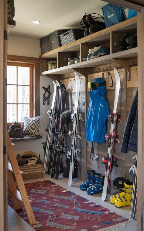 A well-organized ski gear room with designated spaces for each family member’s equipment. Ski Helmet Storage, Snow Gear Organization, Outdoor Gear Storage Ideas, Ski Room Ideas, Outdoor Gear Room, Ski Mudroom Ideas, Ski Storage Ideas, Snowboard Room, Ski Gear Storage