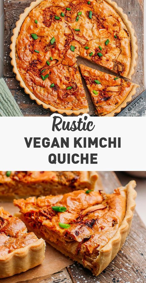 Vegan Kimchi Quiche - Full of Plants Tofu Quiche, Vegan Kimchi Noodles, Vegan Tofu Quiche Recipes, Silken Tofu Quiche, Kimchi Tofu Stew, Vegan Kimchi Recipe, Vegan Quiche, Vegan Kimchi, Vegan Pie Crust