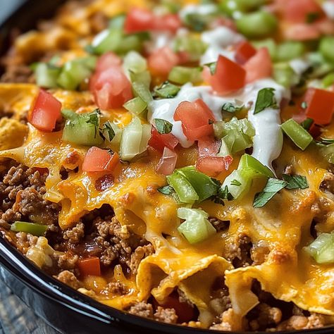 Walking Taco Casserole Recipes With Taco Sauce, Leftover Taco Shells Ideas, Walking Talking Taco Casserole, Taco Type Recipes, Taco Potatoes Casserole, Taco Ideas For Dinner, Mexican Beef Recipes, Taco Salad Casserole Recipe, Taco Hotdish