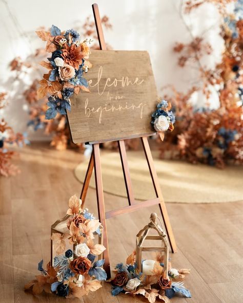 Denim Blue Wedding, Flower Swag, Swag Design, Burnt Orange Weddings, Wedding Flower Packages, Flower Tie, Blue Themed Wedding, Future Wedding Plans, Wedding Theme Colors