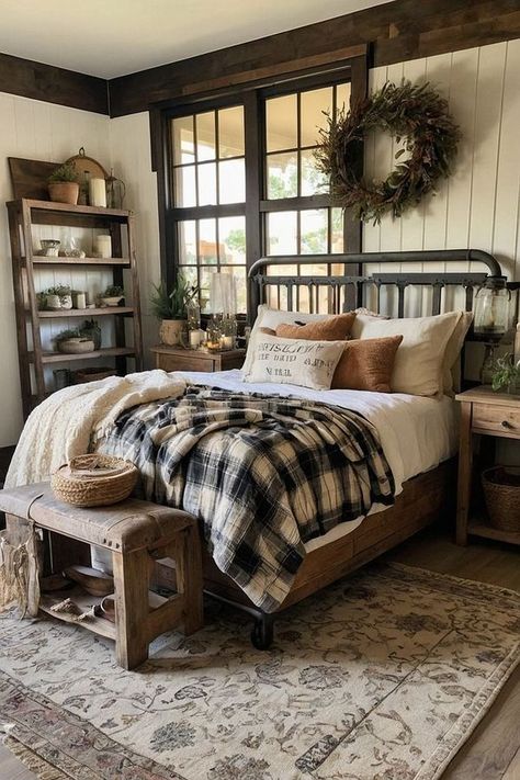 Beth's Country Primitive Home Decor Farmhouse Rooms, Lodge Bedroom, Paneling Makeover, Plaid And Floral, Holiday Room Decor, Country Bedroom Decor, Cream Room, Ideal Bedroom, Primitive Home Decor