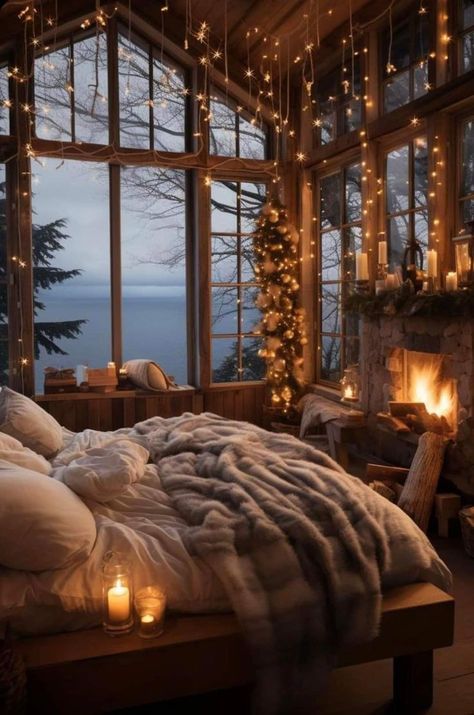 Romantic Bedroom Lighting, Cozy Bedroom Design, Winter Bedroom, Cabin Bedroom, Red Blanket, Christmas Decorations Bedroom, Christmas Room Decor, Christmas Living Rooms, Christmas Bedroom