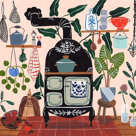 Instagram'da Sara Barnes / Brown Paper Bag: “Home is where all the plants grow. (And eventually take over.) Illustration by @florawaycott found via @theworkbookart…” Flora Waycott, Vintage Stoves, Watercolor Paper Texture, Interior Illustration, Kitchen Stove, Brown Paper Bag, Kitchen Prints, Illustration Artists, Brown Paper