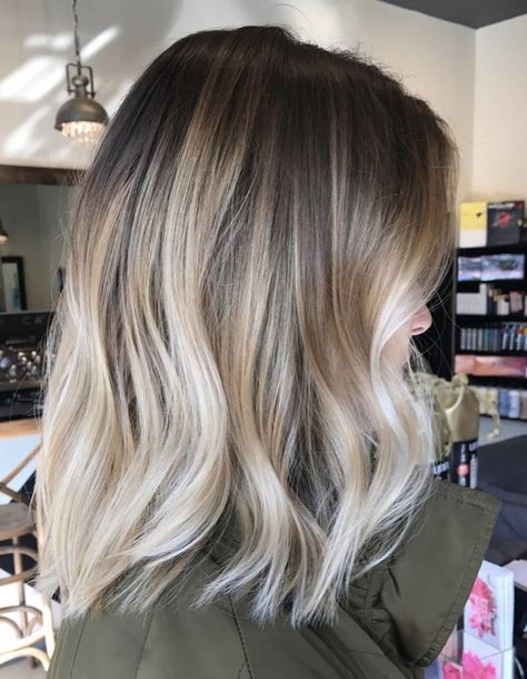 Brown To Bleach Blonde Balayage, Short Brunette Balayage Hair Blonde, Ombre Hair Colour For Short Hair, Bethany Joy Lenz Blonde Hair, Toned Ash Blonde Hair, Medium Hair With Blonde Balayage, Short Hair With Dark Roots And Blonde, Fall Balayage Bronde, Hair Color And Style For Women Over 50