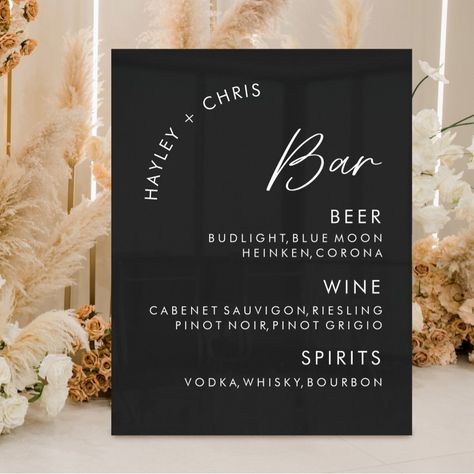 Acrylic Wedding Bar Black Bar Menu Acrylic Sign Large Bar Sign Wedding, Beer And Wine Wedding Bar, Menu Acrylic Sign, Bar Signs Diy, Menu Acrylic, Black And White Bar, Custom Bar Signs, Bar Black, White Bar