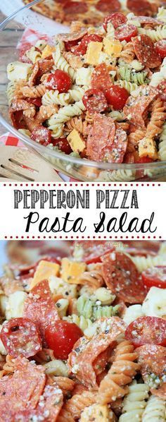 Pepperoni Pizza Pasta Salad - Tri colored rotini pasta with pepperoni, mozzarella, cheddar, and tomatoes in a Parmesan vinaigrette. This is the perfect summer side dish recipe! #TimelessPizza #ad Pasta With Pepperoni, Pepperoni Pizza Pasta Salad, Pepperoni Pizza Pasta, Pizza Pasta Salad, Summer Side Dishes Recipes, Pizza Pepperoni, Resep Pasta, Pasta Italiana, Salad Salad