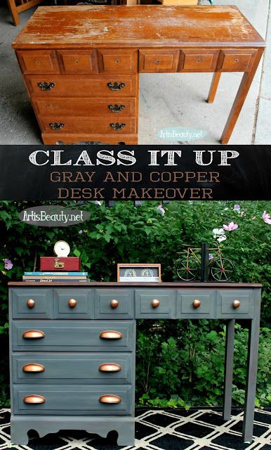 ART IS BEAUTY: Gray and Copper Desk Makeover ~The Fab Furniture Flippin' Contest Refurbished Furniture Diy, Copper Desk, Diy Furniture Makeover Ideas, Tafel Decor, Desk Makeover, Diy Furniture Renovation, Diy Makeover, Furniture Renovation, Refurbished Furniture