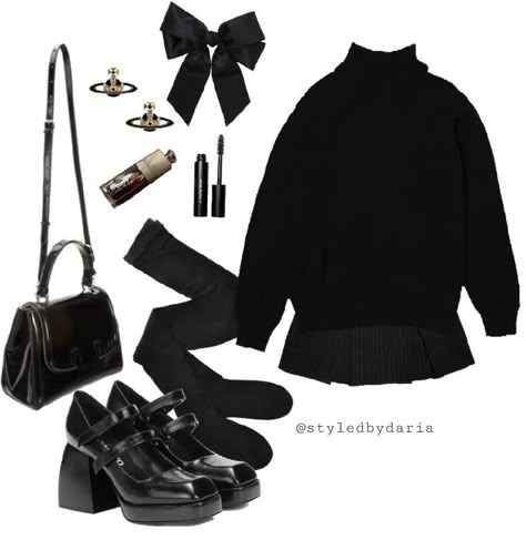 Dark Fall Outfits Black, Fall Outfit Coquette, All Black Coquette Outfit, Coquette Outfit Polyvore, Dark Coquette Winter Outfits, Dark Aesthetic Outfits Classy, Dark Preppy Outfits, Black Outfits Cute, Elegant School Outfits