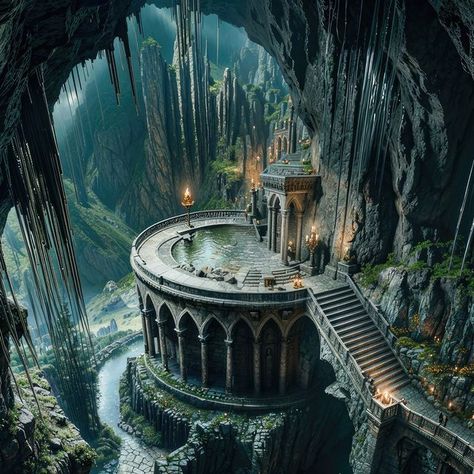 Cave Castle, Dnd Cities, Cave House, Mystical Places, Underground Cities, Castles Interior, Fantasy Forest, Thranduil, Fantasy Castle