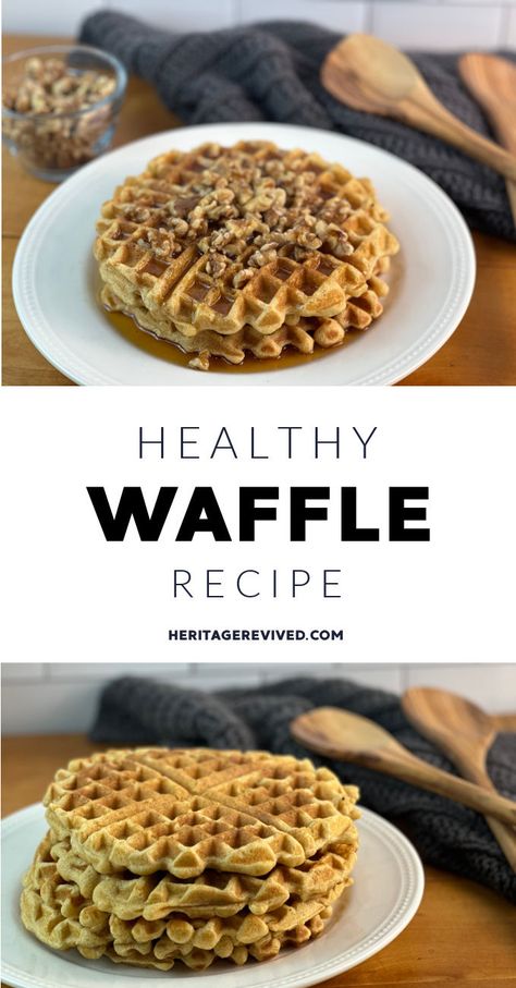 Image of waffles stacked on a plate and waffles with toppings and text "Healthy waffle recipe" Whole Wheat Waffle Recipe, Wheat Waffle Recipe, Milled Wheat Recipes, Healthy Waffle Recipe, Healthy Waffle, Waffles Healthy, Wheat Waffles, Whole Wheat Recipes, Best Waffle Recipe