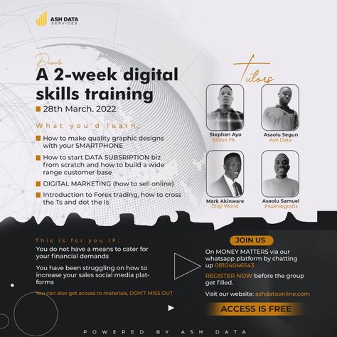 A simple flyer Illustrating a digital skill training to be organized on a social media platform Online Training Flyer Design, Training Flyer Design, University Ads, Random Posters, Work Graphic, Social Graphics, Soft Skills Training, Simple Flyer, Be Organized