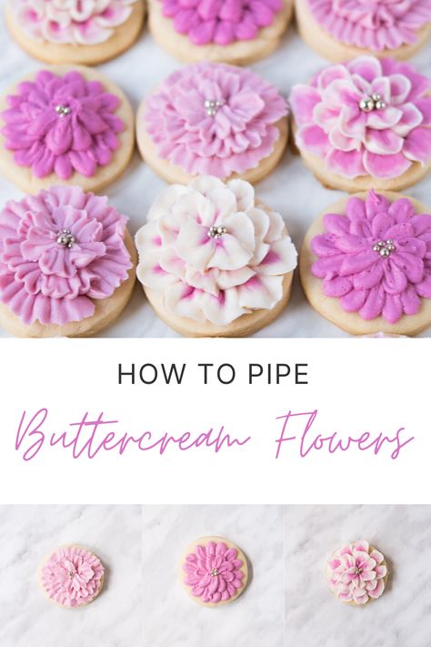 Buttercream Flowers On Cookies, Piping On Cookies, Flowers On Cupcakes Piping, Buttercream Spring Flowers, Piping Flowers With Royal Icing, Piping Tips For Cookies, Frosting Tips For Flowers, Wilton Flower Tips, Easter Sugar Cookies Decorated Buttercream