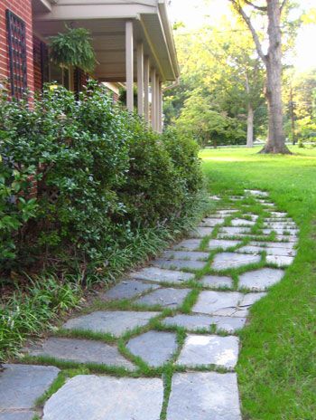 Back door slate will look JUST like this in maybe a year after all that MUD, when grass will finally seed...we should PIN OURS someday when the other areas are complete! Flagstone And Grass Walkway, Slate Stone Walkway, Slate Walkway To Front Door, Slate Pathway Ideas, Fieldstone Walkway, Cottage Walkway, Slate Pathway, Slate Path, Walkway Diy