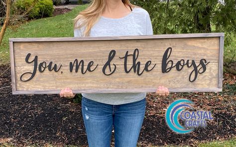 "This is a large statement piece that will look beautiful in any home! Choose from a variety of colors for the background, frame and 3D wood cut letters. The background is a pine panel stained in your color of choice and the letters are laser cut, painted and glued. The final touch is a farmhouse style frame in the color of your choice. Choose from three sizes: 24 x 8\", 36 x 11\" or 48 x 11\" If you choose the smaller sign, Etsy may overcharge you for shipping but I will gladly refund it. For o Sign For Living Room, Me And The Boys, Farmhouse Style Frames, Large Farmhouse, Family Monogram, Modern Vintage Decor, Country Style Decor, Family Sign, Painted Wood Signs