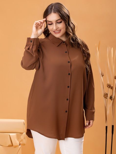 Free Returns ✓ Free Shipping On Orders $49+ ✓. Plus Solid Curved Hem Blouse- Plus Size Blouses at SHEIN. Women Shirt Designs, Shirt Design For Girls, Plain Tunic, Curved Hem Shirt, High Low Blouse, Hem Blouse, Plain Shirts, Plus Size Blouses, Long Sleeve Casual