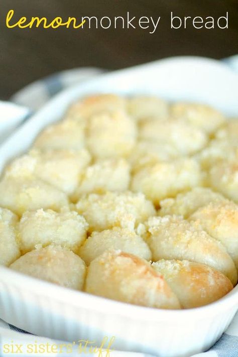 Easy Lemon Monkey Bread Recipe - Six Sisters' Stuff | With only 5 minutes prep, these gooey sweet rolls are perfect for a special weekend breakfast or brunch! #sixsistersrecipes #brunchrecipe Lemon Monkey Bread, Monkey Bread Recipe Easy, Lemon Bread Recipes, Frozen Dinner Rolls, Monkey Bread Recipe, Lemon Bread, Breakfast Sweets, Monkey Bread, Easy Bread Recipes