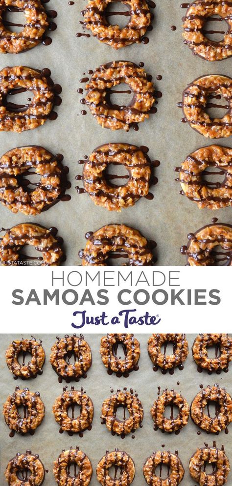 Top image: A top-down view of homemade Samoas cookies drizzled with chocolate. Bottom image: Three rows of homemade Samoas cookies atop brown parchment paper. Homemade Somoa Cookies Girl Scouts, Samoa Girl Scout Cookie Recipe, Homemade Samoa Cookies, Somoa Cookies Recipe, Samoas Cookies Recipe, Somoa Cookies, King Cookies, Girl Scouts Cookies, Samoa Cookies Recipe