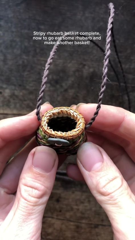 Been impatiently waiting for my rhubarb fibres to dry so I could weave up this little stripy basket 🙂 Such amazing plant with it’s ridiculously giant... | By Foraged Fibres Plant Fiber Weaving, Nature Basket, Foraged Fibres, Pine Needle Crafts, Flax Weaving, Long Term Food Storage, Weaving Tutorial, Plant Fibres, Pine Needles