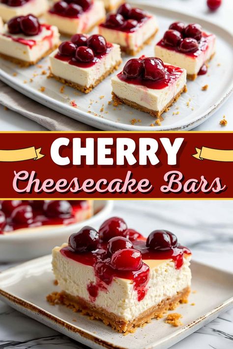 These old-fashioned cherry cheesecake bars are too good to pass up! They're rich, creamy, and oh-so-dreamy! Cherry Cheesecake Bars Recipes, Christmas Cherry Cheesecake Bars, Dessert Recipes Cherry, Cheesecake Bars 9x13, Cheesecake Bars Recipes, Easy Cheesecake Bars, Cherry Cheesecake Bars, Cheesecake Deserts, Everyday Desserts