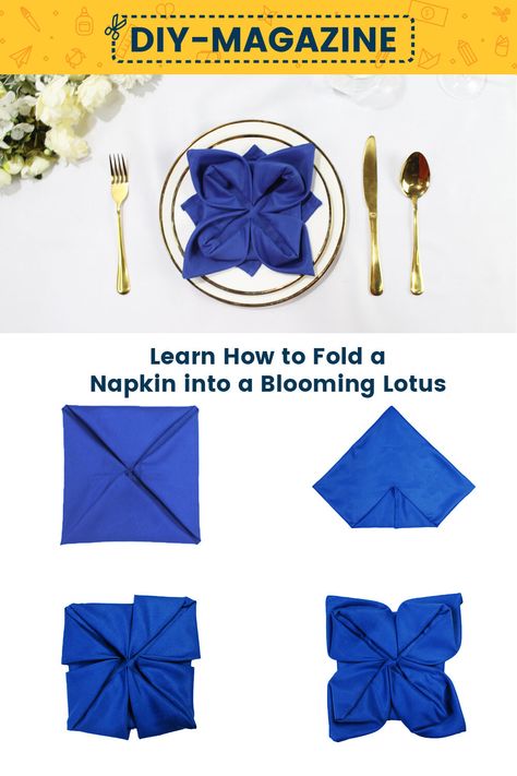 How to fold a napkin into a Blooming Lotus Lotus Napkin Folding Step By Step, Lotus Flower Napkin Fold, Tissue Folding Table Napkins, How To Fold A Tissue Napkin, Lotus Napkin Fold, Wedding Cloth Napkin Ideas, Table Napkin Folding Ideas, Flower Napkin Fold, Folding Napkins Cloth