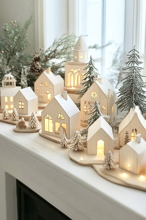 Christmas Contemporary Decor, Christmas Decor Ideas 2024, Christmas 2024 Trends, 2024 Christmas Trends, Christmas Village Decor, Window Decor Ideas, Wooden House Decoration, Christmas Theme Decor, Xmas House