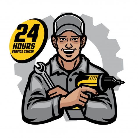 Repair worker smiling holding the wrench... | Premium Vector #Freepik #vector #man #cartoon #work #worker Handyman Logo, Turkey Cartoon, Mechanics Logo, How To Draw Santa, Biker Wear, Sugar Skull Girl, Man Cartoon, Santa Claus Costume, Men Logo