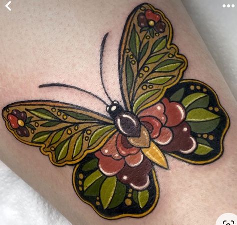 Vintage Color Tattoo, Retro Butterfly Tattoo, Trad Butterfly Tattoo, Neotraditional Butterfly Tattoo, Neo Traditional Butterfly Tattoo, Green Butterfly Tattoo, Floral Butterfly Tattoo, Traditional Butterfly Tattoo, Trippy Tattoo