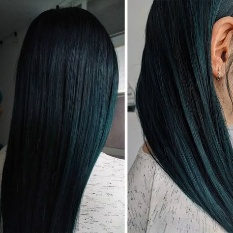 Gorgeous shot of our black-teal shade, Magic Oracle by @genie.unicorn #lunartides #hair #tealhair Midnight Jade Hair Color, Hair Colour For Straight Black Hair, Black Blue Green Hair, Midnight Green Hair, Dark Aqua Hair, Black Teal Hair, Black Hair With Green Undertones, Black Green Hair Color, Dark Green Black Hair