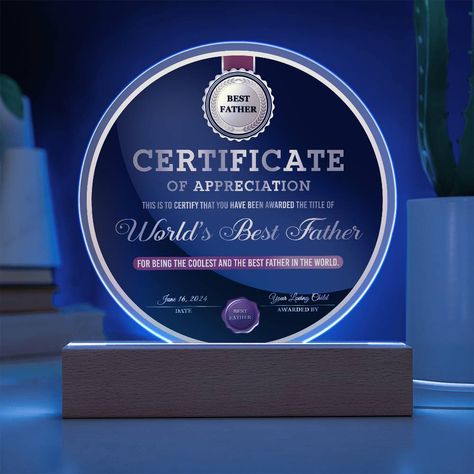 🎉 Celebrate the #WorldsBestFather this #FathersDay with a personalized #CertificateOfAppreciation acrylic plaque! 👨‍👧‍👦 Show him how much he means to you with this special #gift for #Dad. ❤️ #ThankYouDad for all that you do! 💪 #BestDadEver #FathersDayGift #Fatherhood #LoveMyDad #SuperDad #Grateful #FamilyLove #DadsRock 🙌 Shop Now https://bit.ly/4ewI1vB Mail Carrier Gift, Single Mom Gifts, Bonus Dad Gifts, Nephew Gifts, Best Father, Goddaughter Gifts, Cousin Gifts, Certificate Of Appreciation, Step Dad Gifts