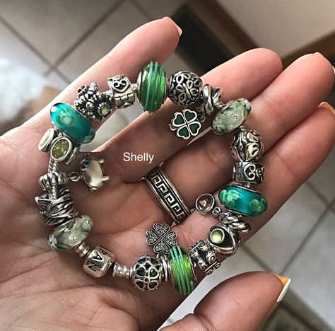 My updated green Pandora bracelet. Pandora Green, Pandora Bracelet Charms Ideas, Green Charms, Pandora Collection, All About Taylor Swift, Green Theme, Pandora Bracelet Charms, Black Bracelets, Crafts With Pictures