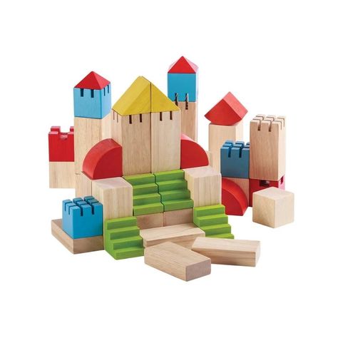 Design your own city or castle with our sustainable Creative Blocks from Plan Toys. This set includes stairs, rooftops, ridged pieces and squares that allow children to design a cityscape or house with an open-ended of blocks. All Plan Toys are made using chemical free, kiln-dried recycled rubberwood. Toy Castle, Block Play, Wooden Building Blocks, Sustainable Toys, Wooden Buildings, Eco Toys, Plan Toys, Creative Block, Block Toys