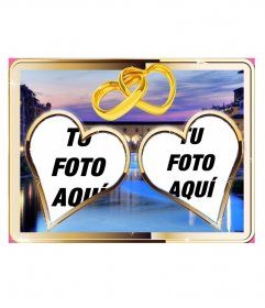 Composición con dos marcos dorados en forma de corazón para dos fotografías y un atardecer urbano de fondo. vemos dos aros de oro en forma de corazón unidos Novelty Sign