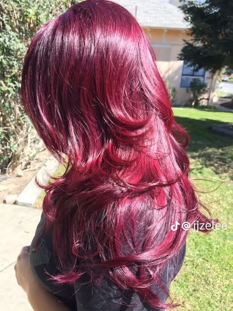 Plum Red Hair Color Highlights, Hair Color Ideas Wine Red, Magohany Hair Color, Bungurdy Hair, Purple Red Dark Hair, Purple Ish Red Hair, Purple Red Hair Burgundy, Light Maroon Hair, Layered Burgundy Hair