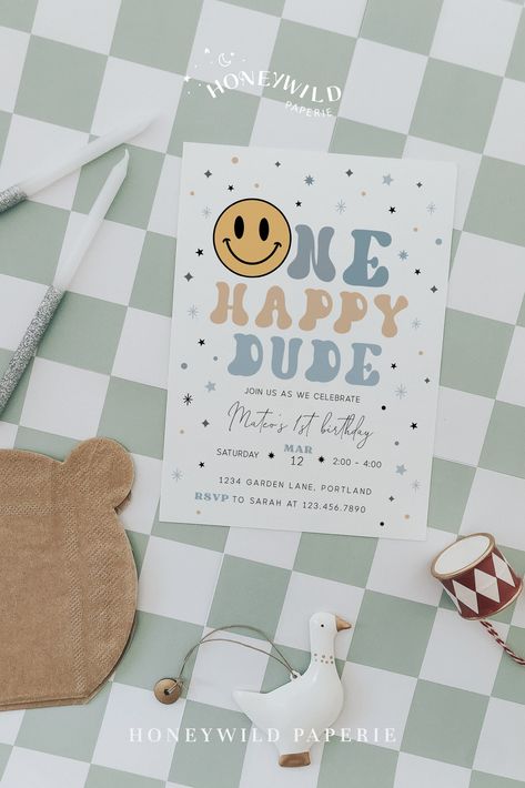 Gender Neutral 1st Birthday Theme, Gender Neutral First Birthday, One Happy Dude First Birthday Theme, Pun First Birthday Theme, Happy One Birthday, One Smiley Dude Birthday, First Birthday Boy One Happy Dude, Smiley Birthday, One Happy Guy First Birthday