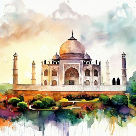 Taj Mahal Watercolor Painting, Kolkata Sketch, Eid Sketch, Taj Mahal Drawing, India Trip, Composition Painting, Famous Monuments, Tourism Poster, Watercolor Architecture