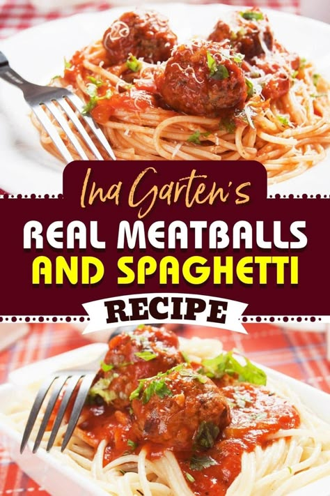 Ina Garten's real meatballs and spaghetti will be your new favorite dinner! With a rich, aromatic sauce and juicy, tender meatballs- what's not to love? Ina Garden Spaghetti And Meatballs, Ina Garten Meatballs, Bobby Flay Meatballs, Ina Garden Recipes, Spaghetti Sauces, Meatballs And Spaghetti, Meatballs Crockpot, Ina Garden, Lemon Seeds